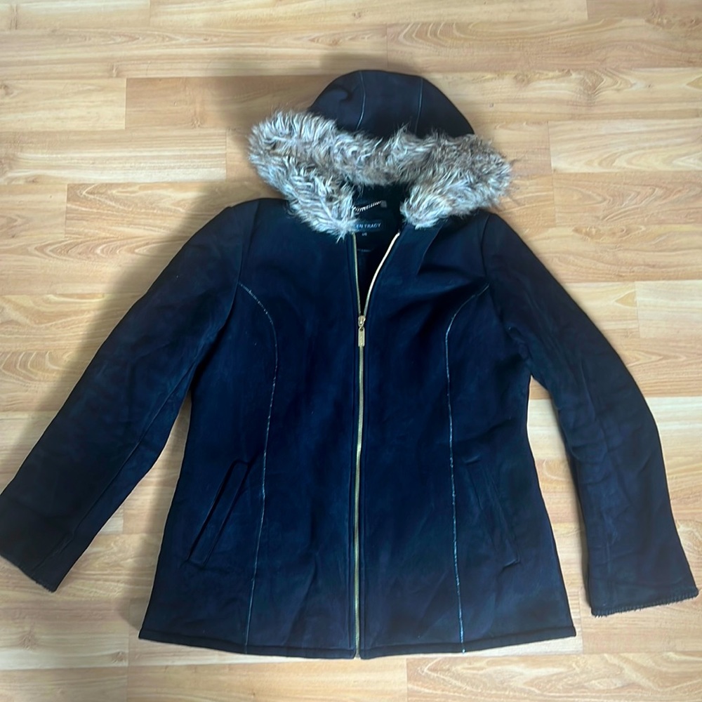 Ellen Tracy Faux Suede & Fur Hooded Coat - Picture 1 of 15